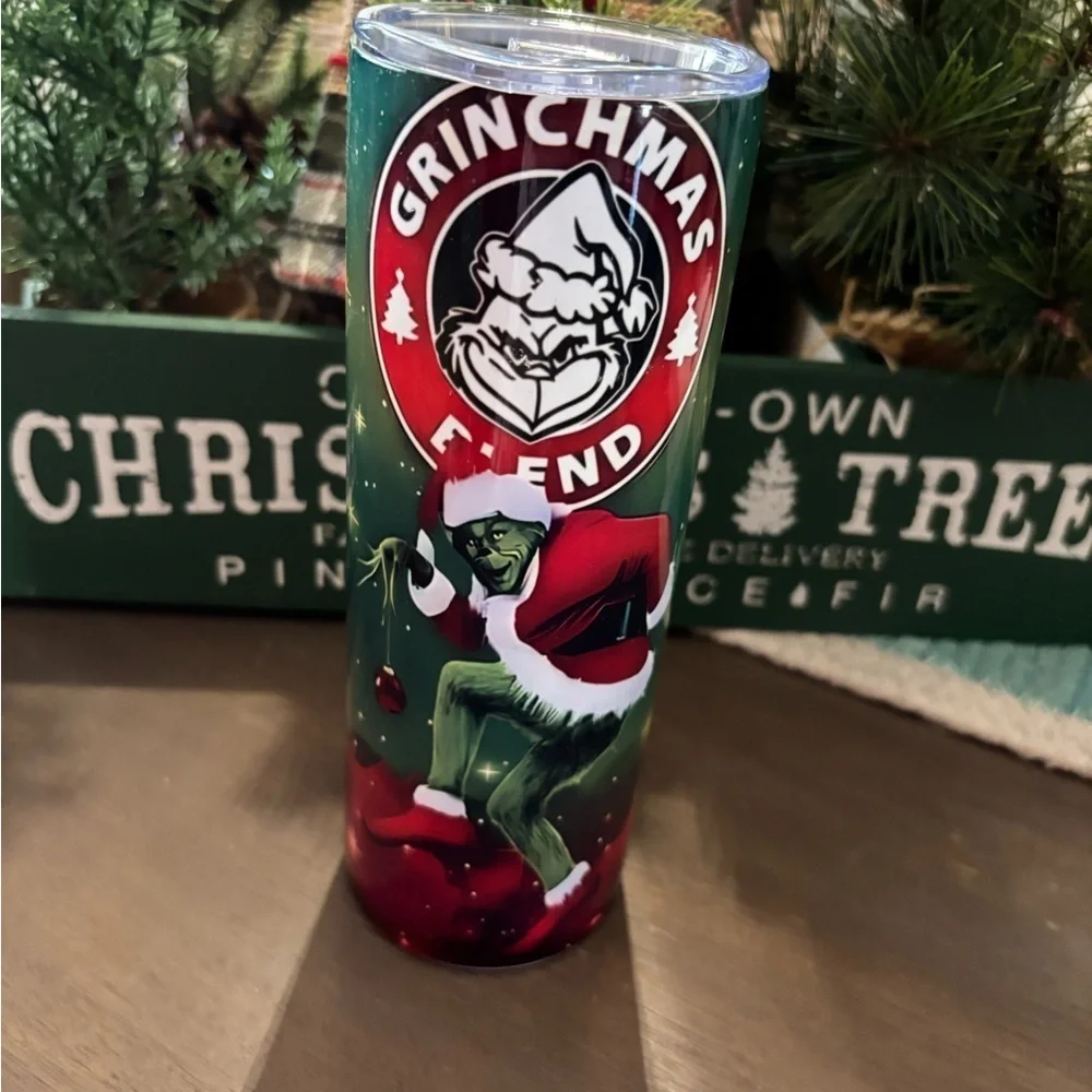 Grinch Christmas Tumbler Travel Cup with Lid & Reusable Straw